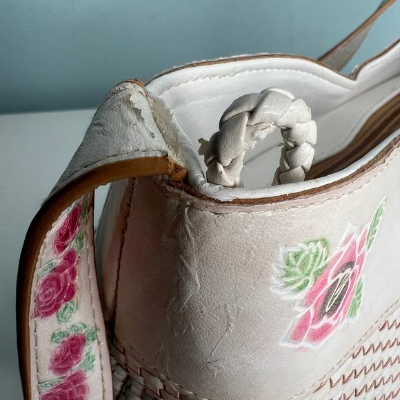 Cee Klein Purse Ivory Leather Basketweave Shoulder Bag Embossed Pink Roses - Picture 6 of 13